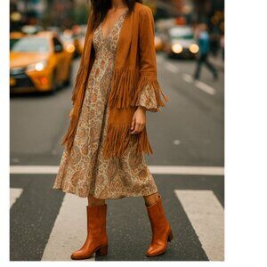 Jeffrey Campbell Brown Leather Stacked Block Heel Western Mid-Calf Boots 7 NWOB